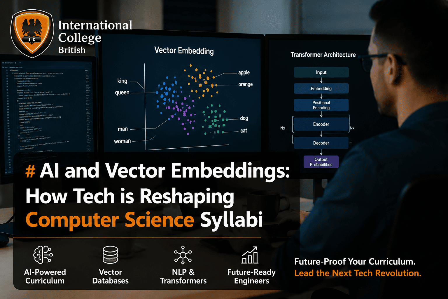Abstract visualization of a modern computer science syllabus AI featuring vector embeddings and neural networks.